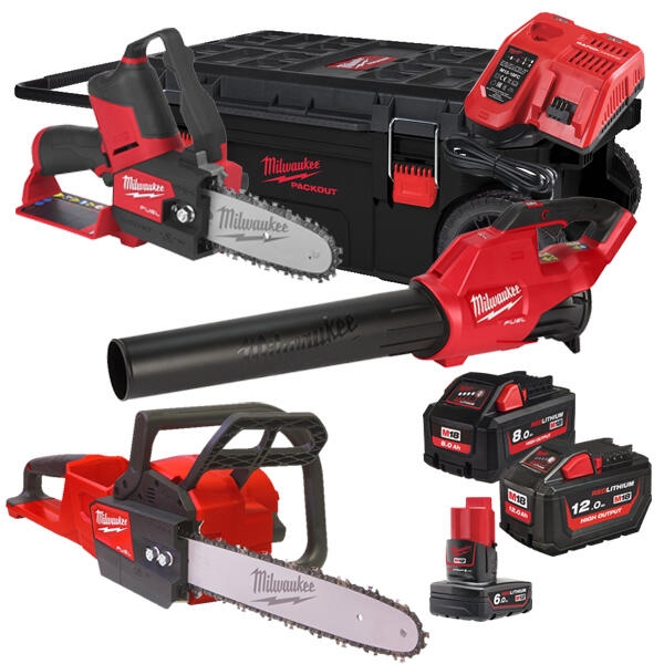 Milwaukee 4933492814 M18 FPP3OPL5-823P Comboset 12V 6Ah/18V 8,0/12Ah Li-Ion - M18 FCHS Motosierra + M18 FBL Soplador de hojas + M12 FHS Sierra de poda 4933492814