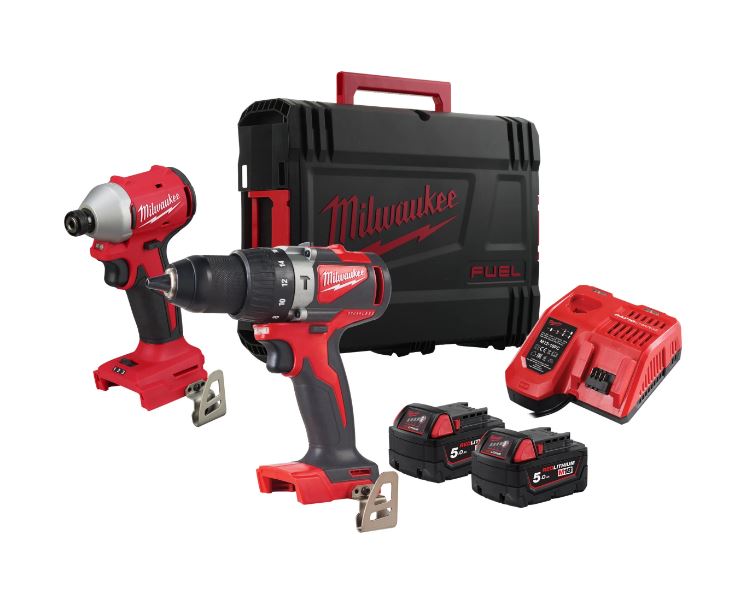 Milwaukee 4933492844 M18 BLPP2A3-502X Powerpack 18V 5.0Ah Li-Ion - M18BLPD2 Martillo perforador sin cable + M18BLIDR Atornillador de impacto