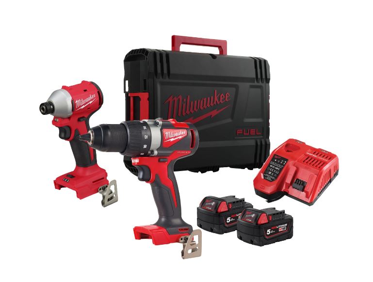 Milwaukee 4933492846 M18 BLPP2B3-502X Powerpack 18V 5.0Ah Li-Ion - M18BLDD2 Taladro sin cable + M18BLIDR Destornillador de impacto