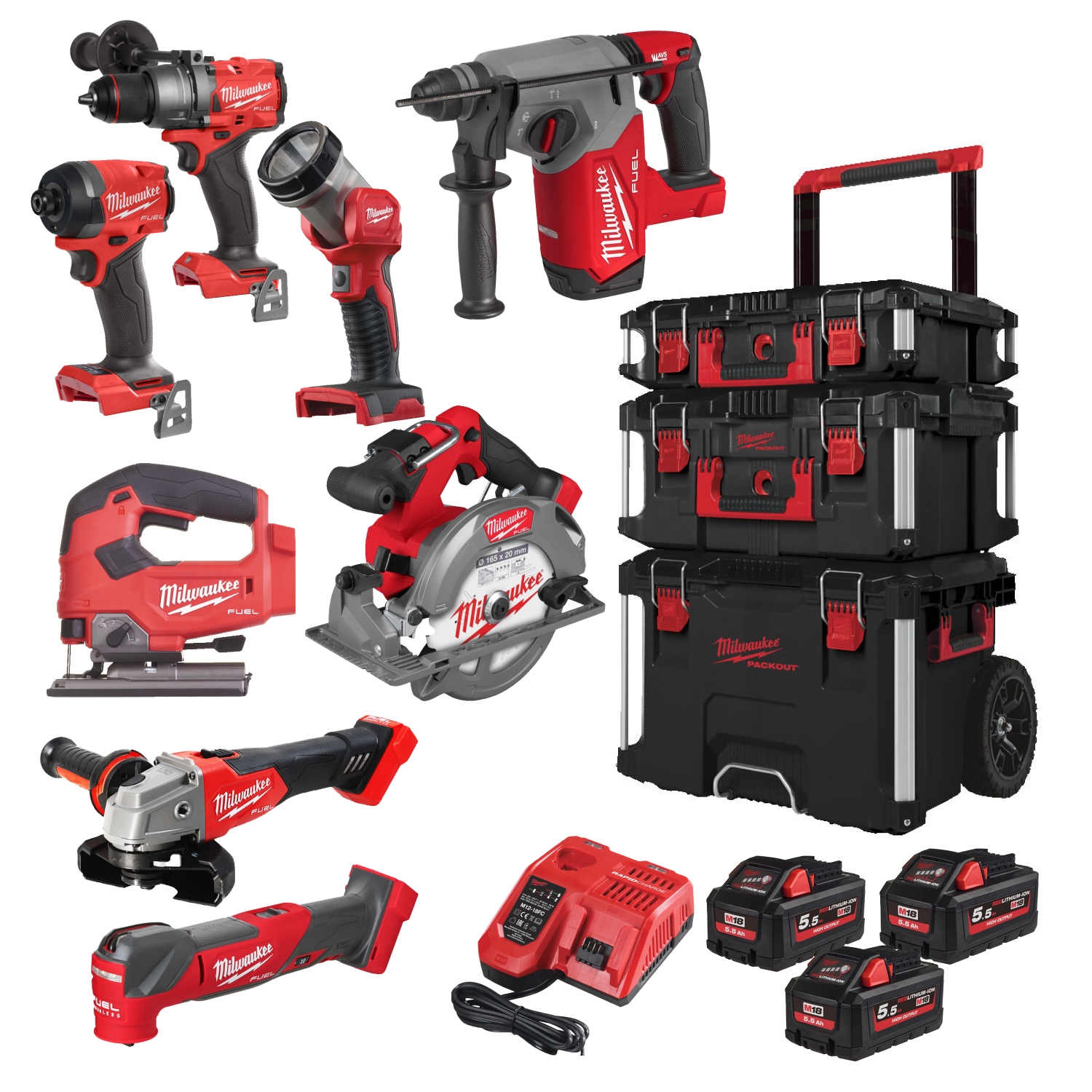 Milwaukee 4933499240 M18 FPP8E-553P M18 FUEL™ Powerpack 8 máquinas 18V 5,5Ah Li-Ion en PackOut Trolley 4933499240