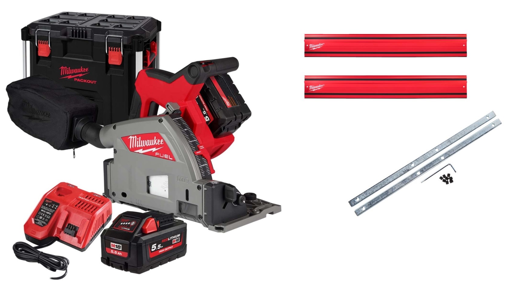 Milwaukee 4933478778+4932480906 Sierra M18 Accu-Inval 55mm + Juego de gu&iacute;as 2x bater&iacute;a 5,5Ah y cargador r&aacute;pido en malet&iacute;n PACKOUT XL