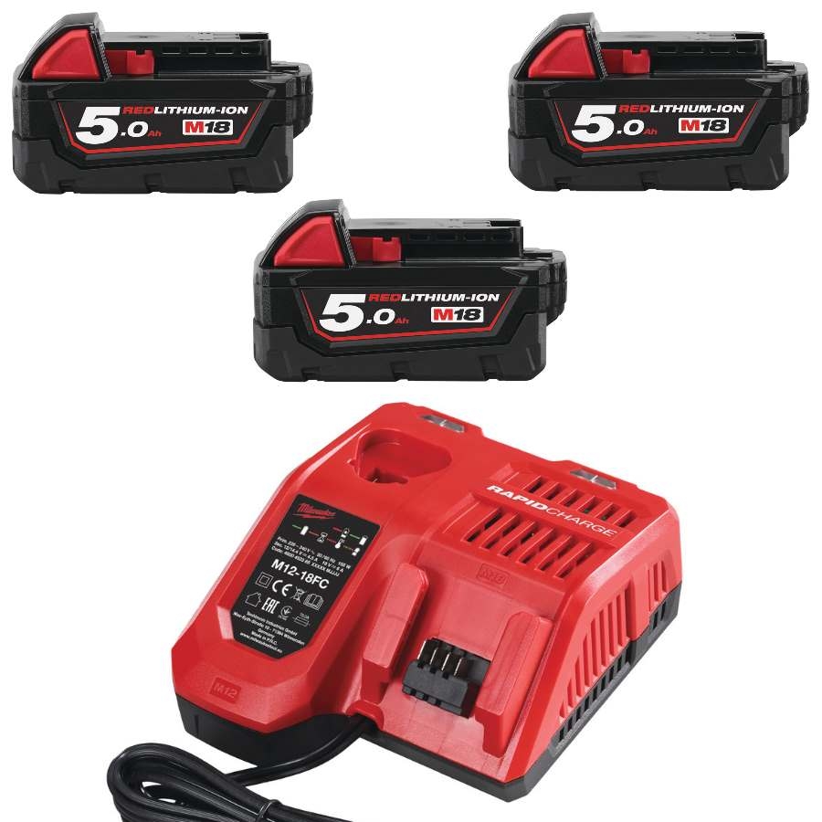 Milwaukee Accesorios 4933451423 M18 NRG-503 - M18 B5 TRIO Pack 18V 5.0Ah Redlithium-Ion + Cargador M12-18FC