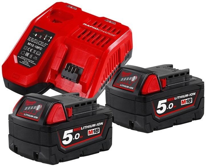 Milwaukee Accesorios 4933459217 M18 NRG-502 - M18 B5 DUO Pack 18V 5.0Ah Redlithium-Ion + Cargador M12-18FC