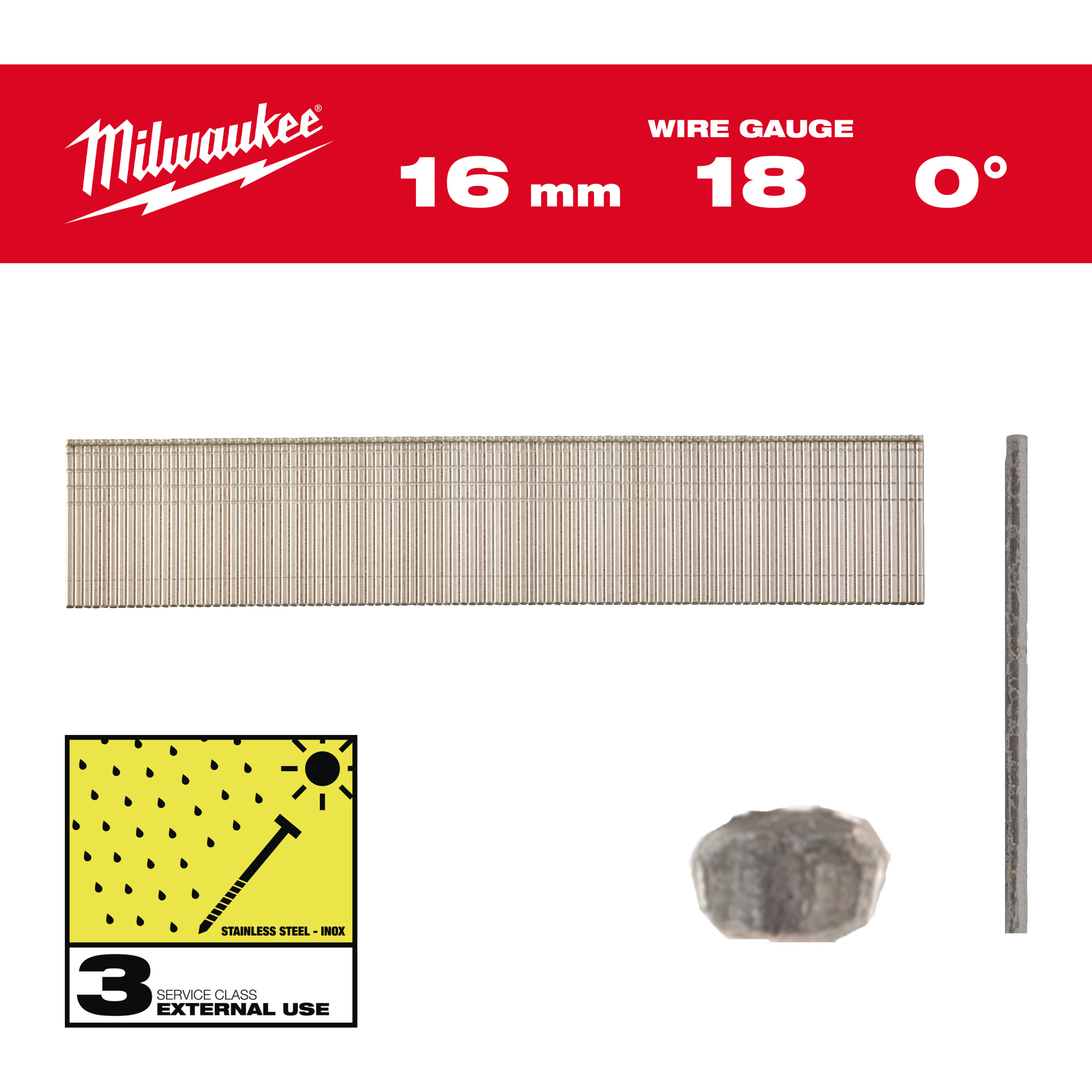 Milwaukee Accesorios 4932492557 Mini clavos Brad, calibre 18, cabeza fina Inox 18G / 16 mm / SC3 - 10.000 uds.