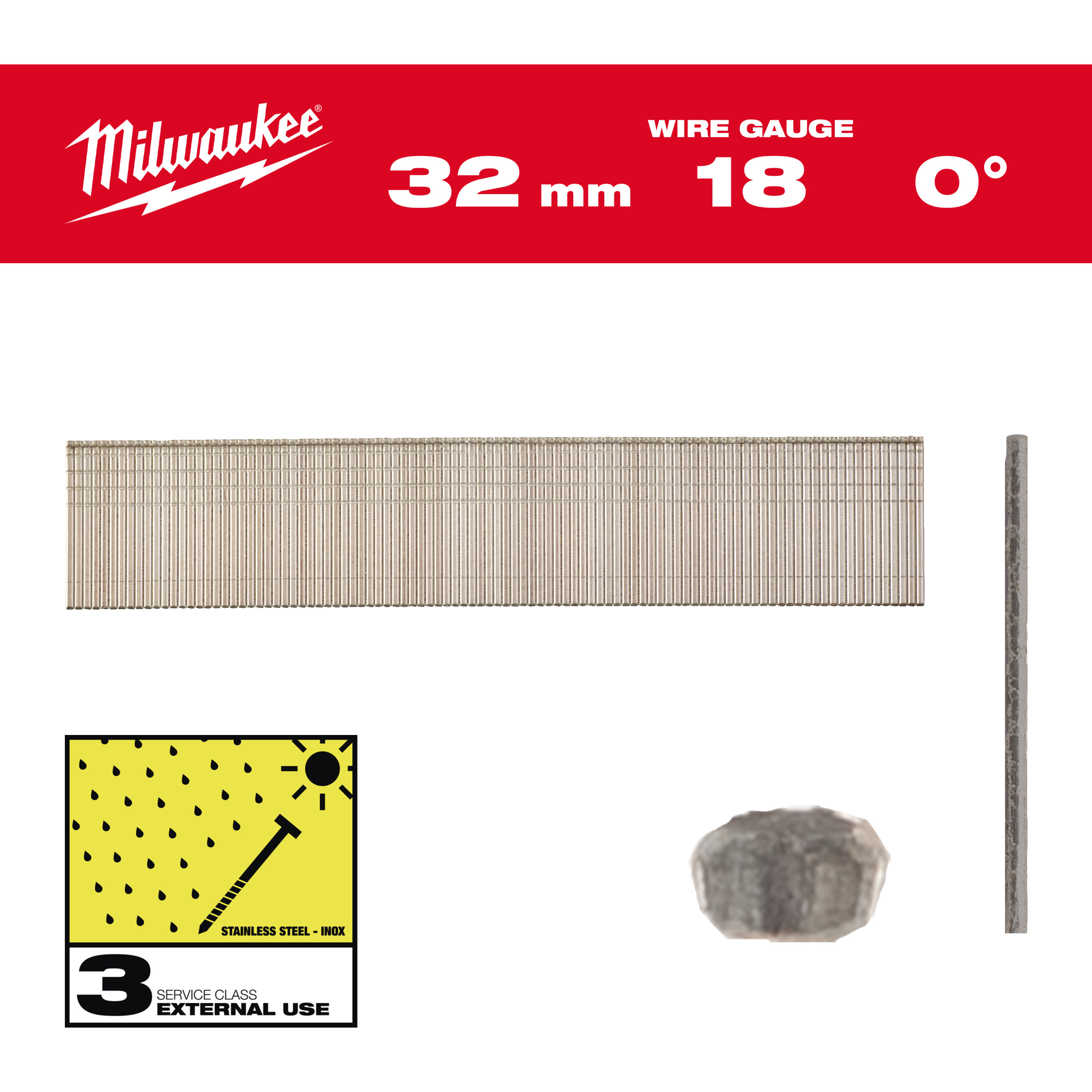 Milwaukee Accesorios 4932492561 Mini clavos Brad, calibre 18, cabeza fina Inox 18G / 32 mm / SC3 - 5.000 uds.