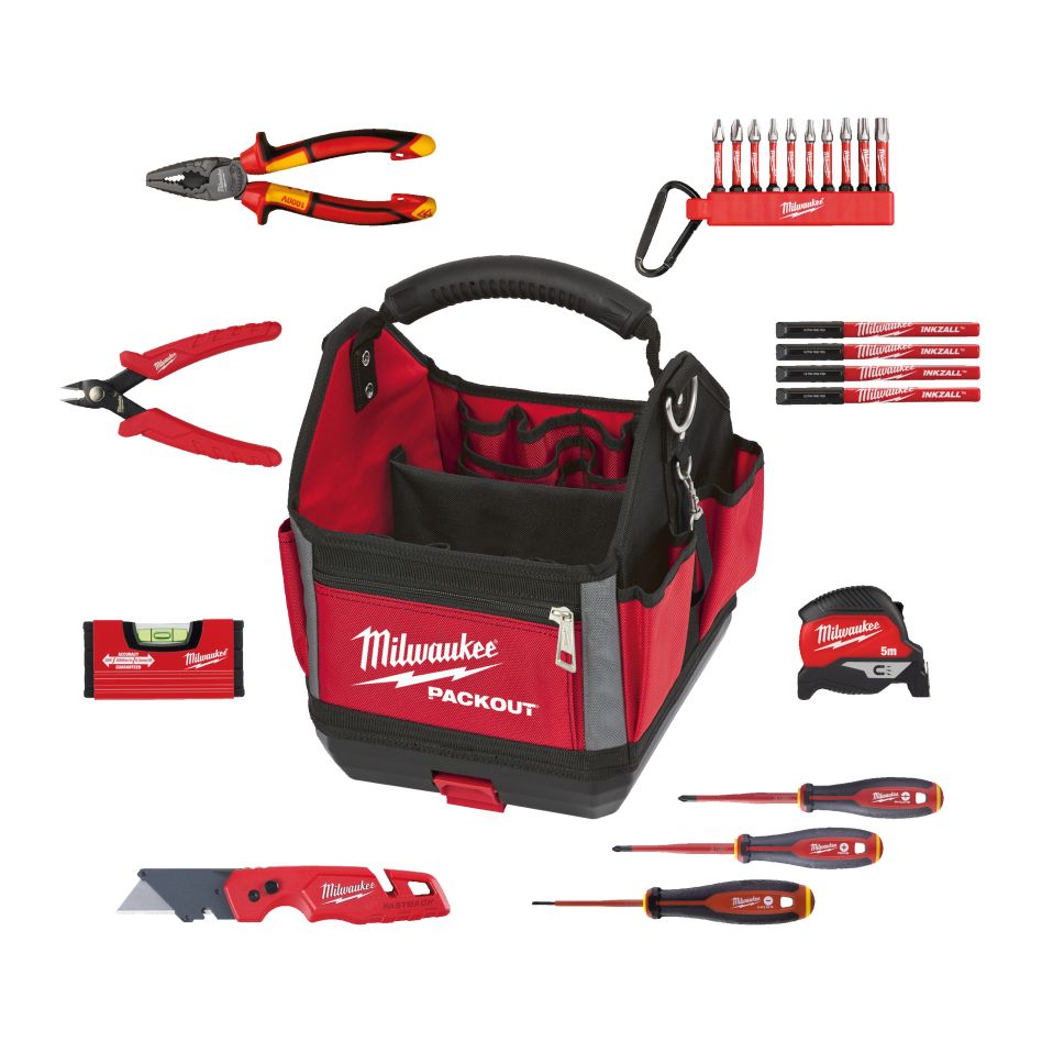 Milwaukee Accesorios 4932500547 Juego de electricista en PACKOUT 25 cm Tote Toolbag 23 piezas