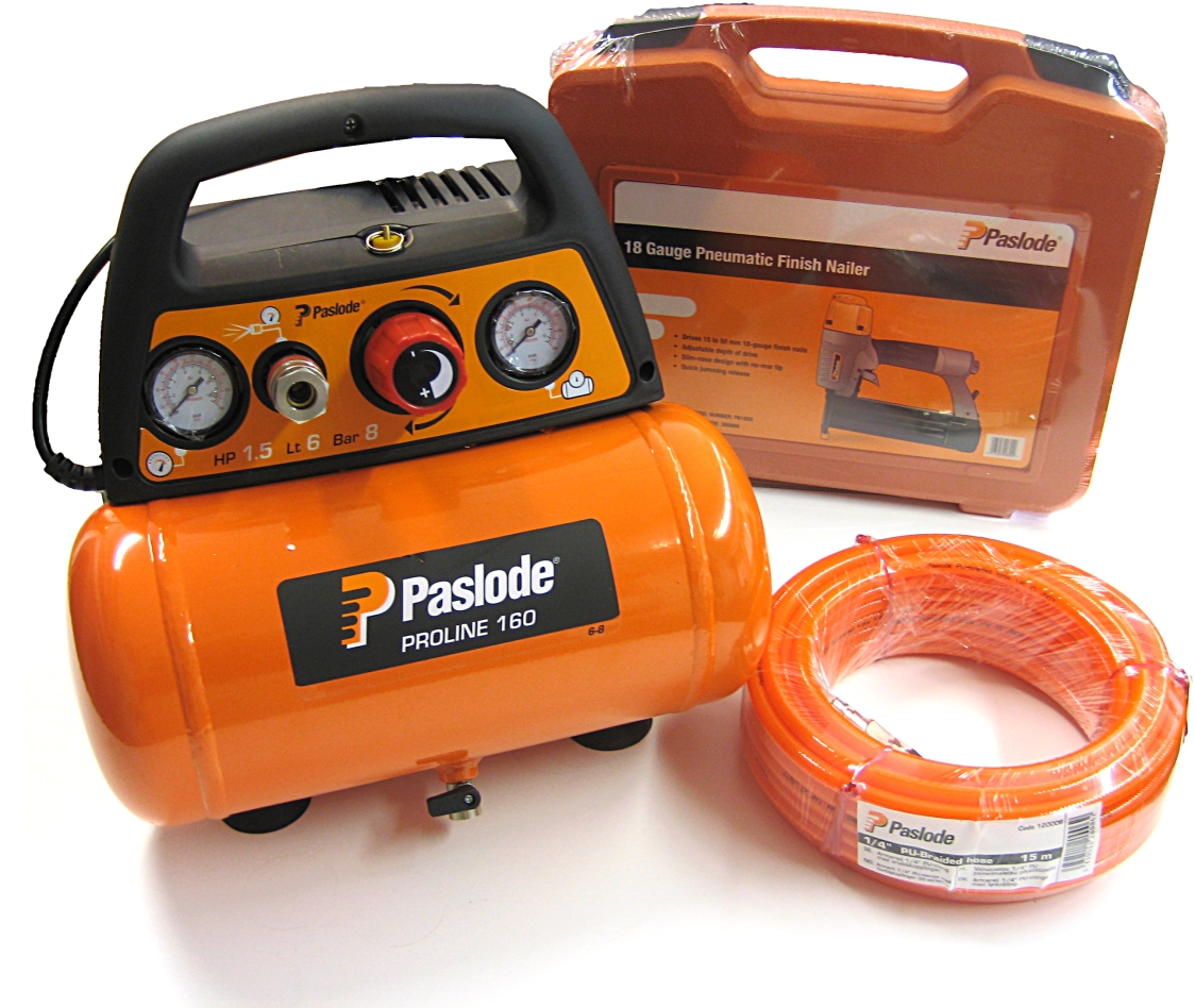Paslode 142571 FN1850.2 clavadora de acabado (16 - 50 mm) miniclavos de 1,2 mm + Compresor Proline 160