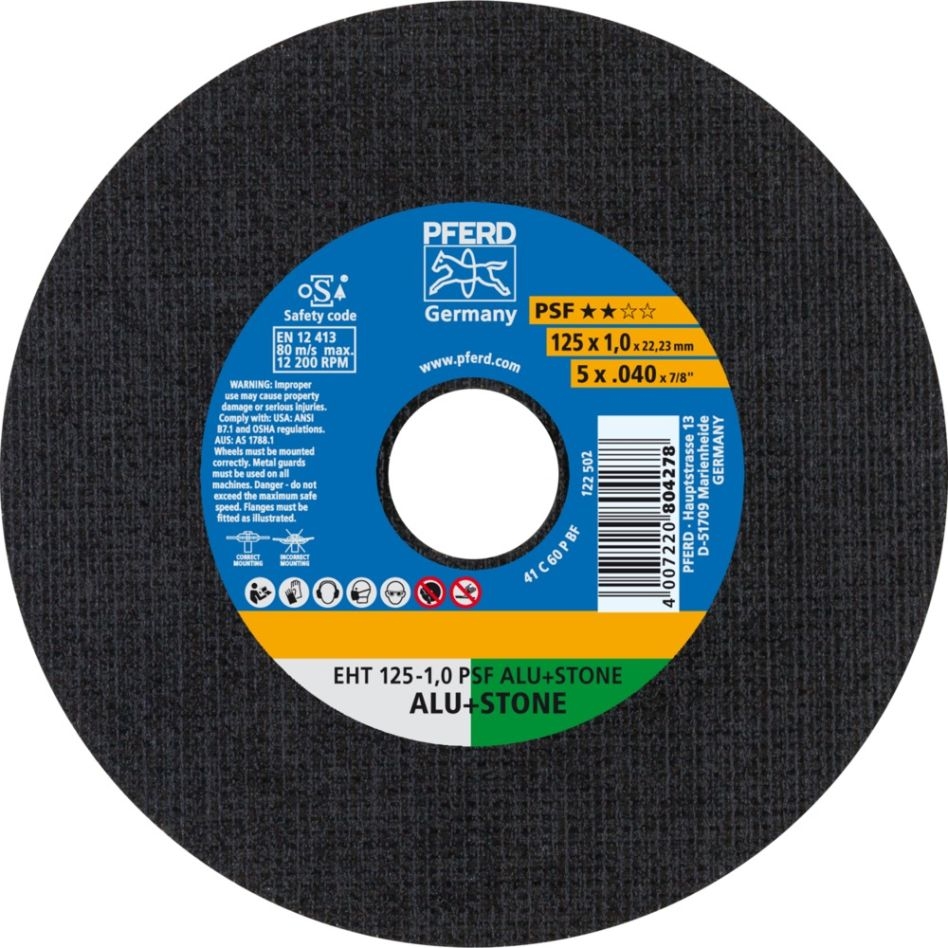 Pferd 61819015 Disco de corte EHT 125x1,0x22,23 mm recto univ. línea PSF ALU+STONE para alu./non-f.met./piedra/PVC 10 piezas