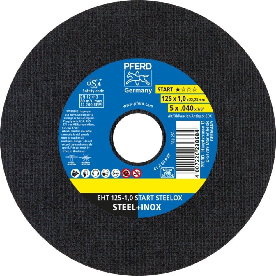 Pferd 69198290 Disco de corte EHT 125x1,0x22,23 mm recto START STEELOX para acero / acero inoxidable