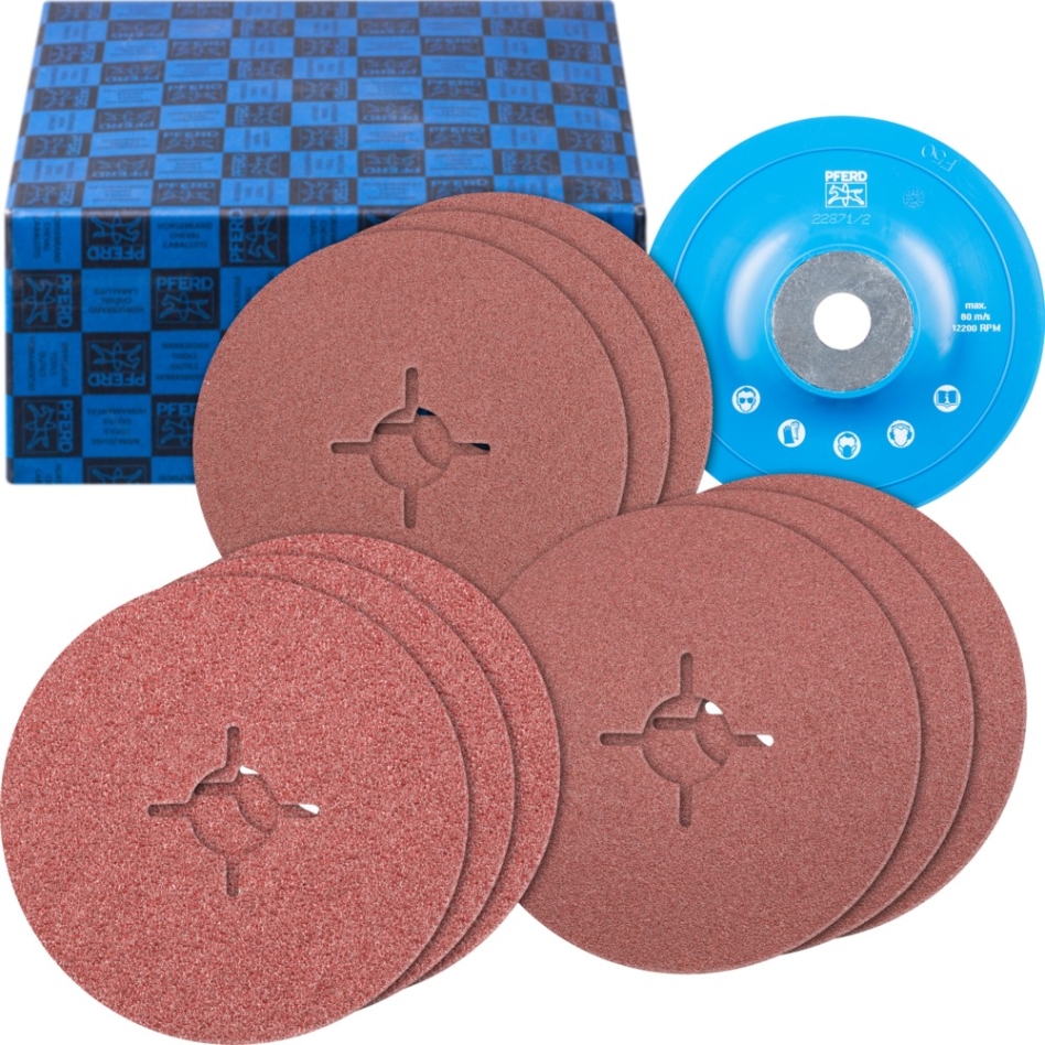 Pferd 64198001 Juego de discos de fibra de 10 piezas de corindón Ø 125 mm A36, 60, 80 con plato de apoyo GT universal