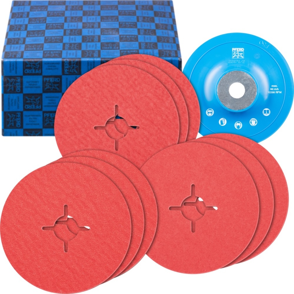 Pferd 64198002 Juego de discos de fibra 10 piezas grano cerámico Ø 125 mm CO-COOL36,60,80 con disco soporte HGT acero inoxidable