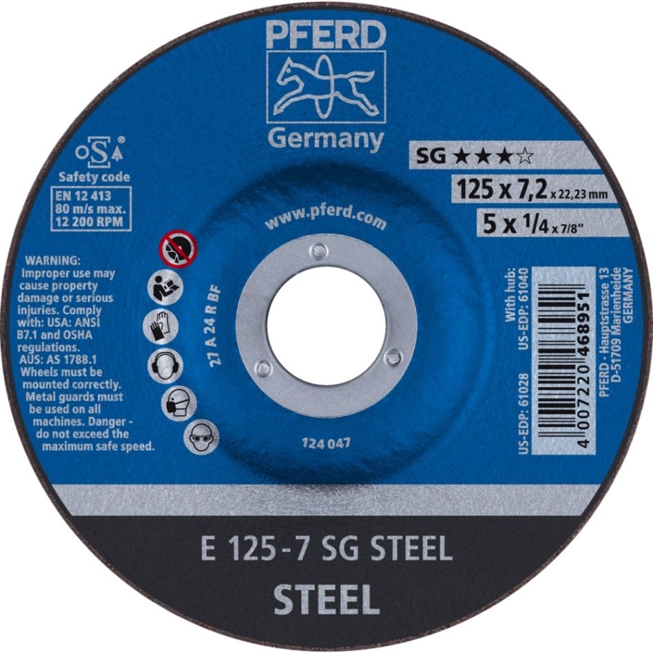 Pferd 62212626 Disco de amolar E 125x7,2x22,23 mm línea de rendimiento SG STEEL para acero