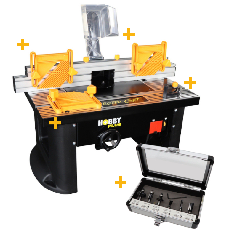 Tendotools PP1734 PromoPack - Mesa de fresado TT40AL Mini husillo + 3 empujadores/1 guía de inglete + 6 fresas OP=OP