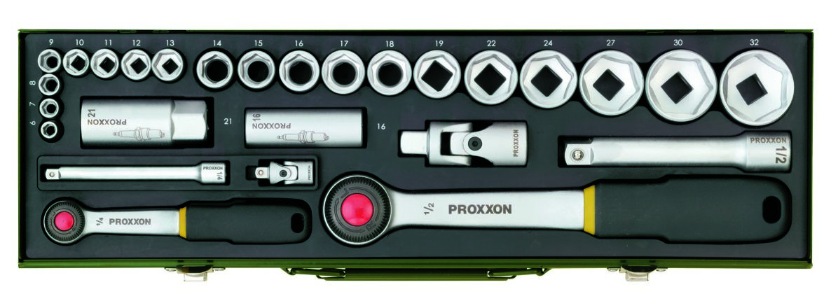 Proxxon 23020 Juego de llaves de vaso 1/4"+1/2" 27 piezas