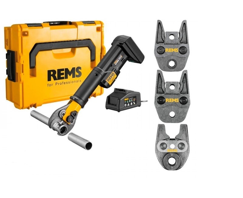 Rems 578X10 R220 R220 Mini-Press S Prensadora AC 22 V Li-Ion Basic Pack Alicates de prensar en L-Boxx + 3 mordazas a elegir hasta 35 mm