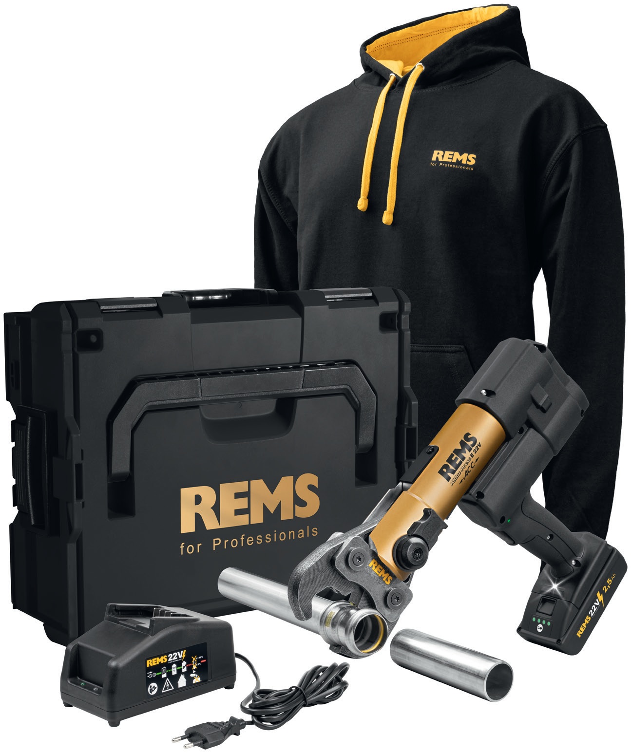 Rems 576X19 RG220 EDICI&Oacute;N LIMITADA Akku-Press E 22 V ACC Gold 2026 Accu-Press 1x 22V 2.5Ah bater&iacute;a y cargador r&aacute;pido en L-Boxx + REMS Hoody negro