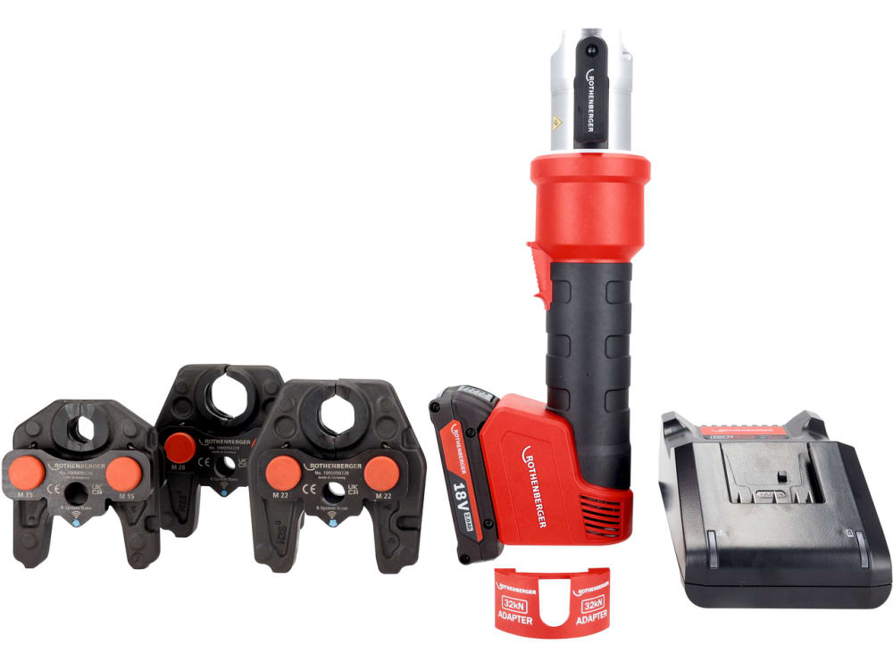 Rothenberger 1000005492 ROMAX NANO iJAWs: juego de prensa de bater&iacute;as h&iacute;brida de 18 V, con mordazas de prensado M15-22-28, 1 bater&iacute;a de 2,0 Ah y cargador en malet&iacute;n
