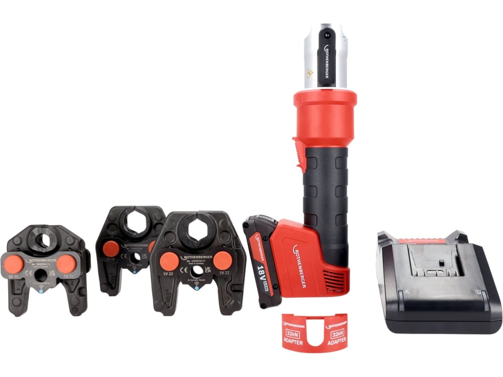 Rothenberger 1000005494 ROMAX NANO iJAWs: juego de prensa de bater&iacute;as h&iacute;brida de 18 V, con mordazas SV15-22-28, 1 bater&iacute;a de 2,0 Ah y cargador en malet&iacute;n