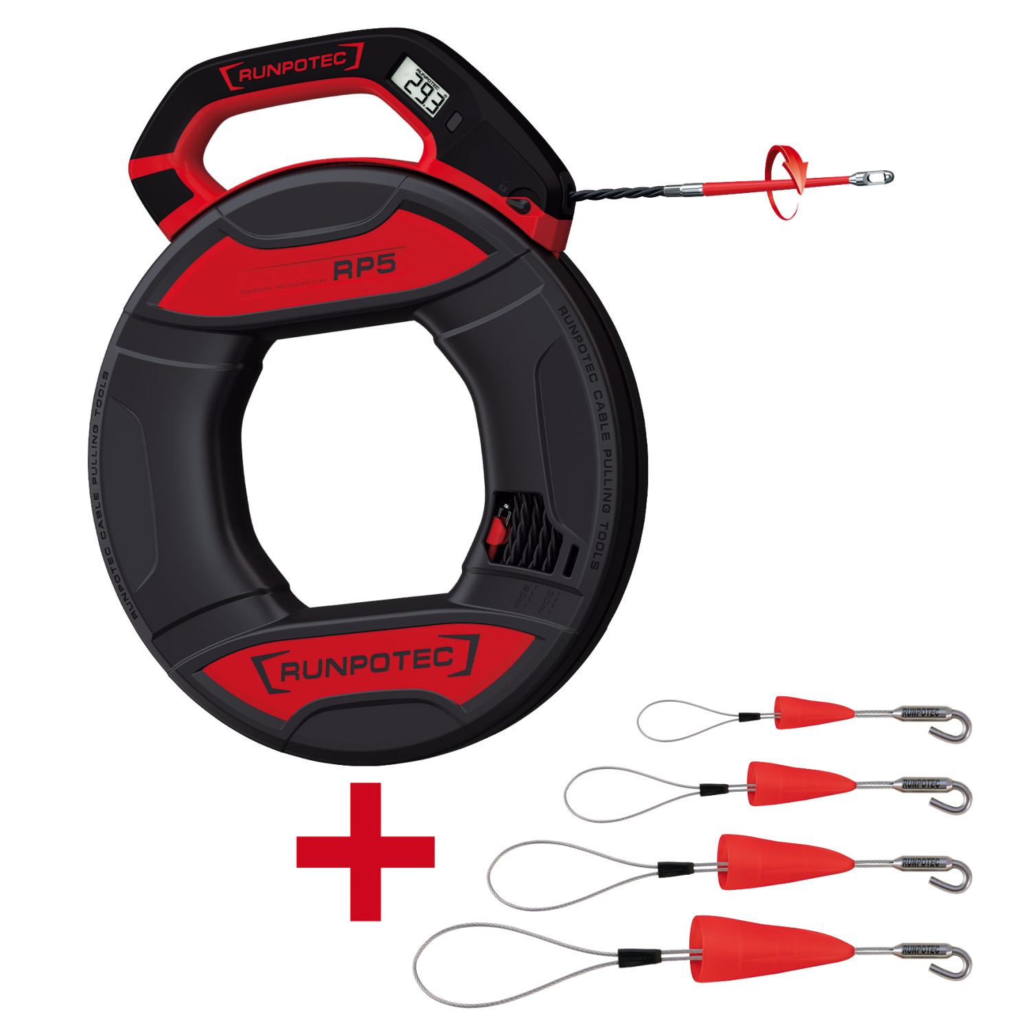 Runpotec 90011153 Juego de tiradores de cable RUNPO de 30 m con medidor de longitud integrado + Juego de bucles para tirar de cable RUNPO con gancho, de 4 piezas