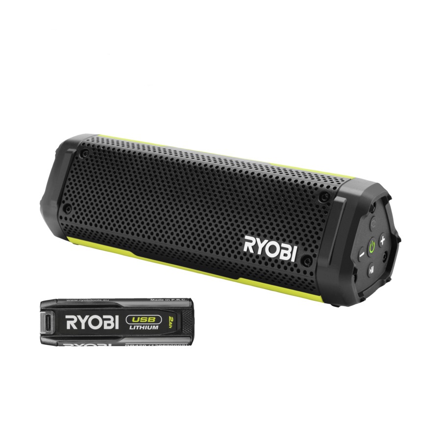 Ryobi 5133006428 Altavoz Bluetooth con batería de litio USB de 4 V Batería de 2,0 Ah y cargador en caja
