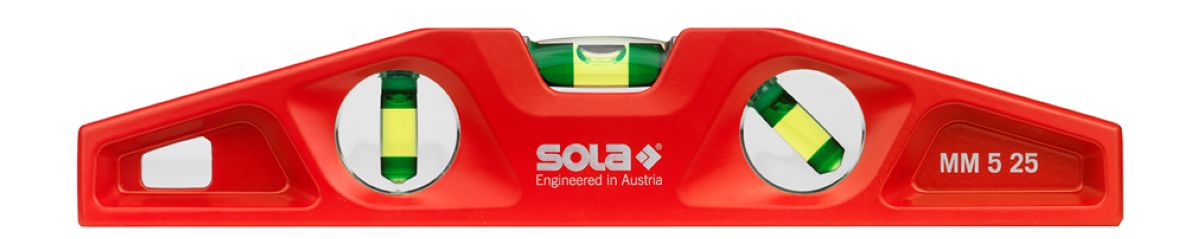 Sola 01331401 MM525 Nivel de burbuja de aluminio de 25cm con plano en V (3 viales)