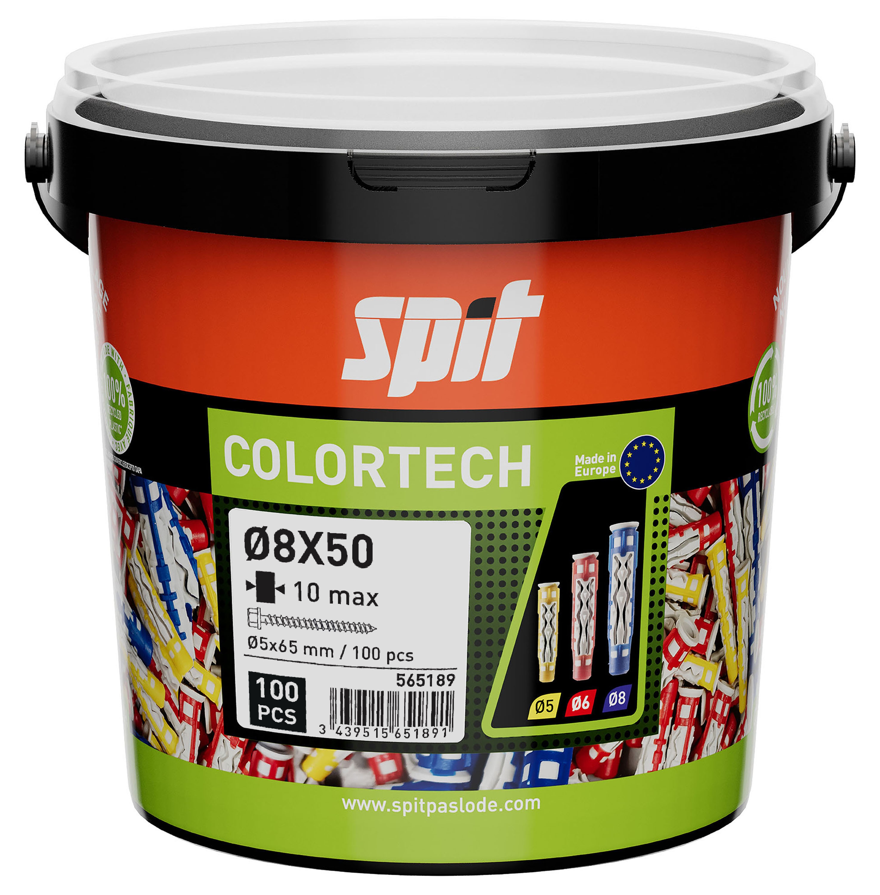 Spit Fijaciones 565189 ColorTech Tapón universal con tornillo hexagonal 8x50 100 unidades