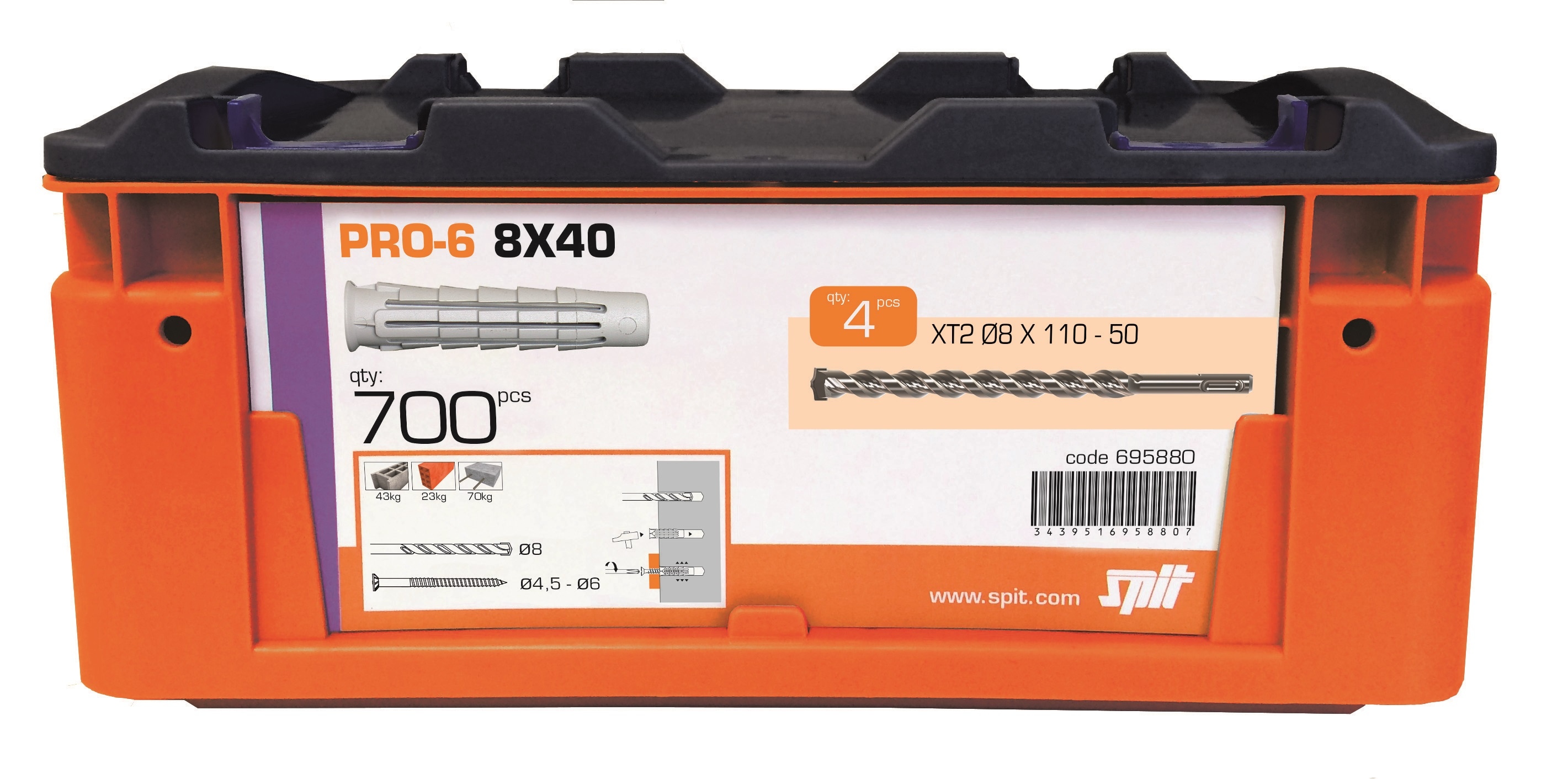 Spit Fijaciones 695880 Taco universal PRO6 8 x 40 700 piezas + 4 brocas en maletín