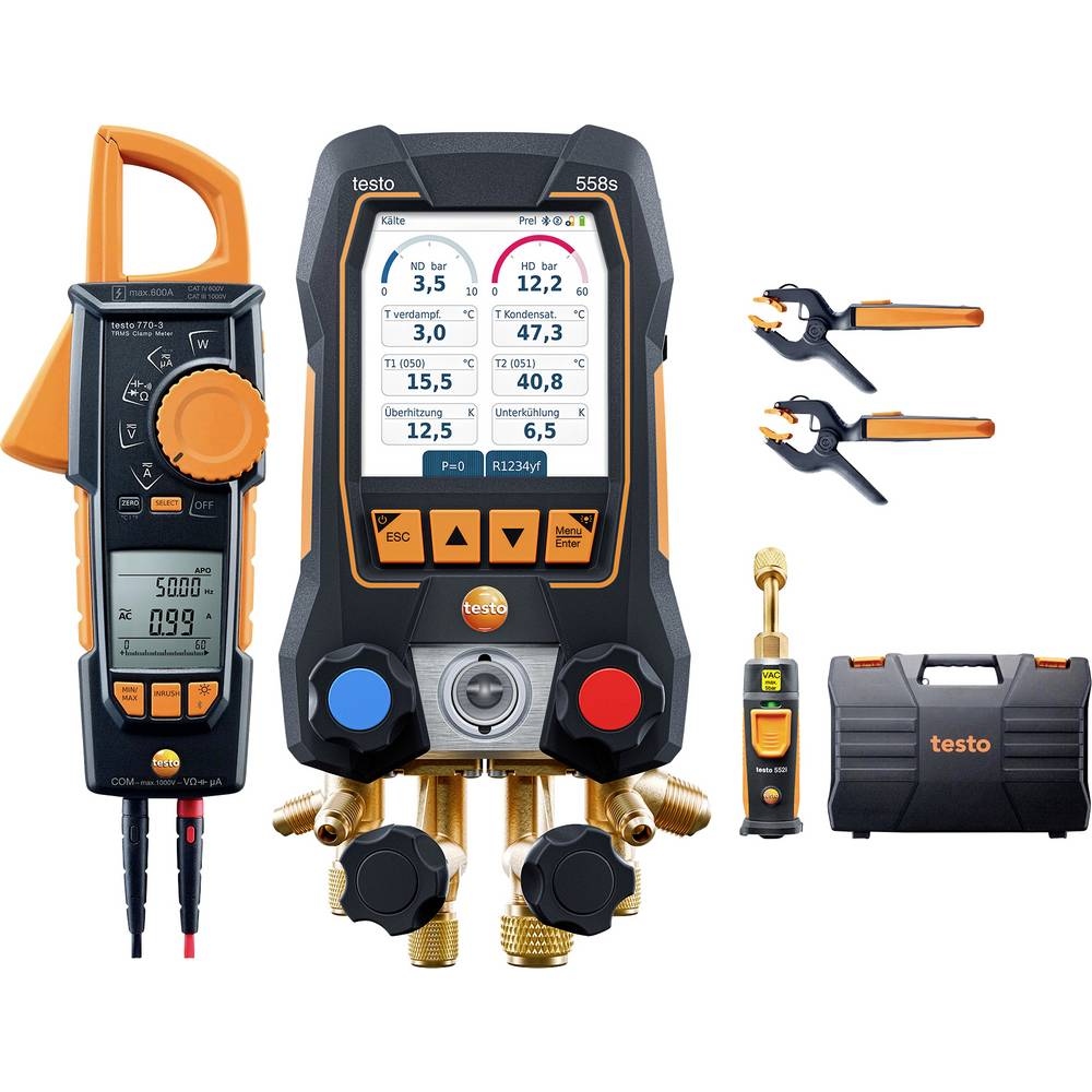 Testo 0564 5584 558s - Equipo de vacío inteligente Colector digital con pinza amperimétrica y sondas inalámbricas de temperatura y vacío